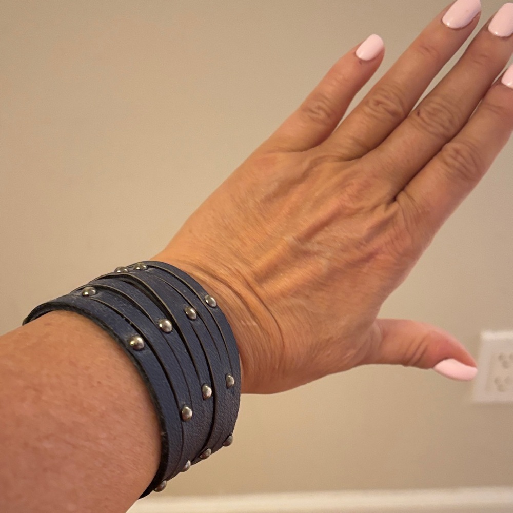 Studded Wrap Bracelet - Navy Blue Leather